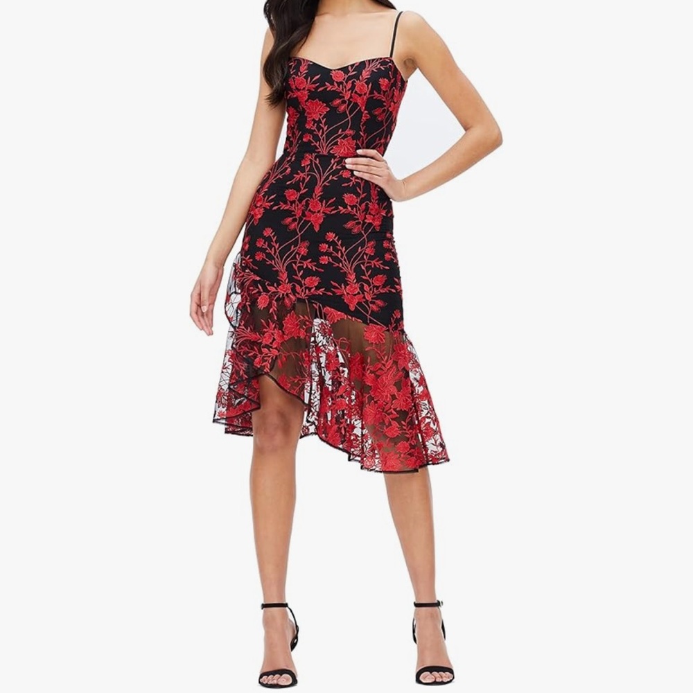 Elegant Black and Red Floral Dress
